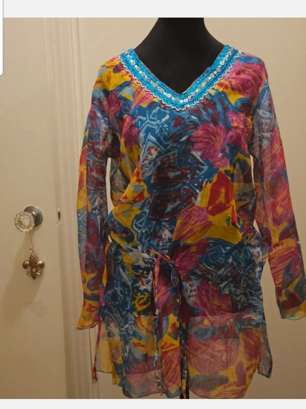 Sahiba Turquoise Floral V-Veck Beaded Beach Coverup. Fits M/L